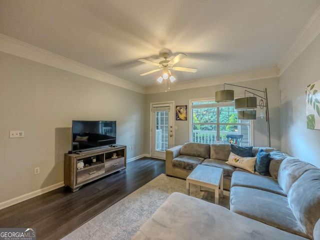 2700 Pine Tree Rd NE Unit 1013, Atlanta, GA 30324 - living room featuring dark wood-type flooring, crown molding, and ceiling fan