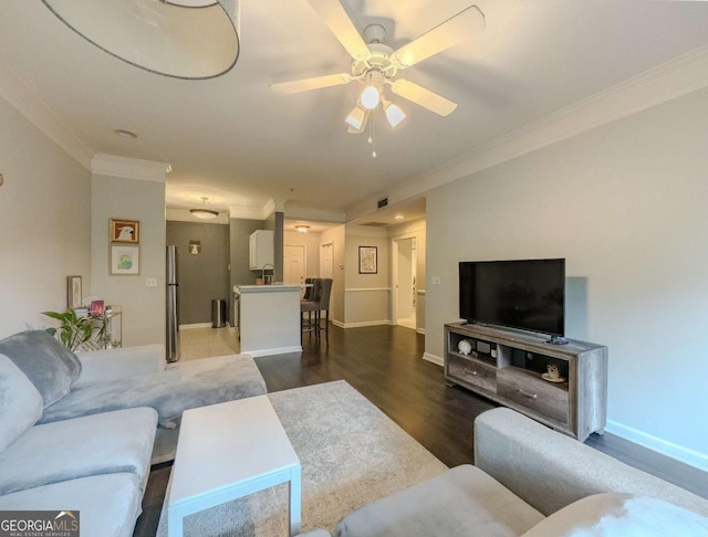 2700 Pine Tree Rd NE Unit 1013, Atlanta, GA 30324 - living area featuring ornamental molding, ceiling fan, and dark wood finished floors