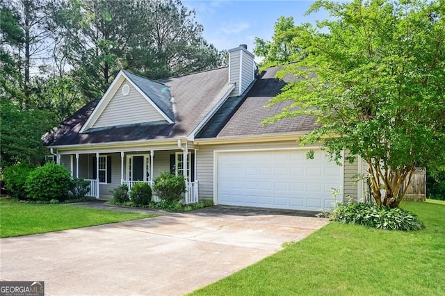 85 Chestnut Dr, Covington, GA 30016 - view of front of house with a porch, a garage, a front lawn, concrete driveway, and a chimney