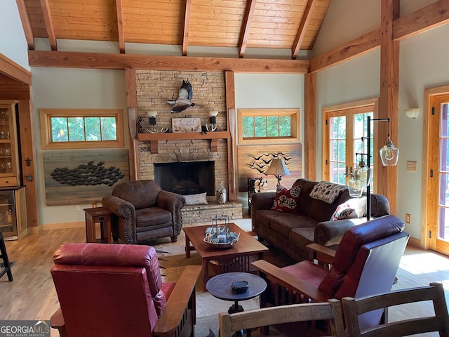 1361 Grayson Pointe Dr, Buckhead, GA 30625 - living room with wood ceiling, light wood finished floors, and a fireplace