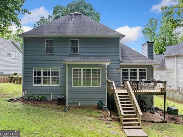 1440 Boundary Blvd, Suwanee, GA 30024 - rear view of house featuring stairway, a deck, a shingled roof, and central AC unit