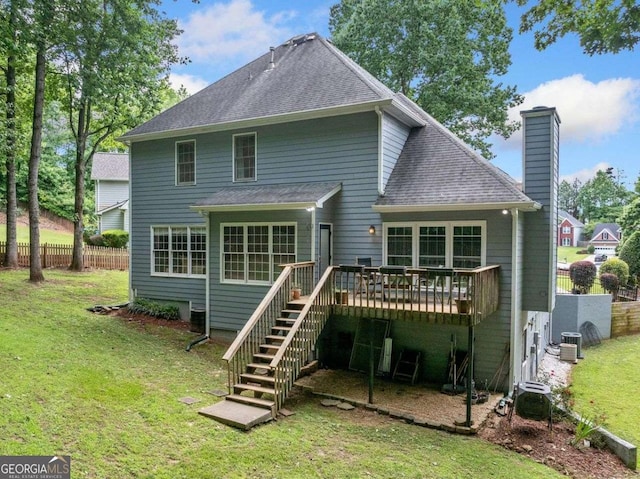 1440 Boundary Blvd, Suwanee, GA 30024 - back of property featuring stairway, a chimney, a deck, a shingled roof, and cooling unit