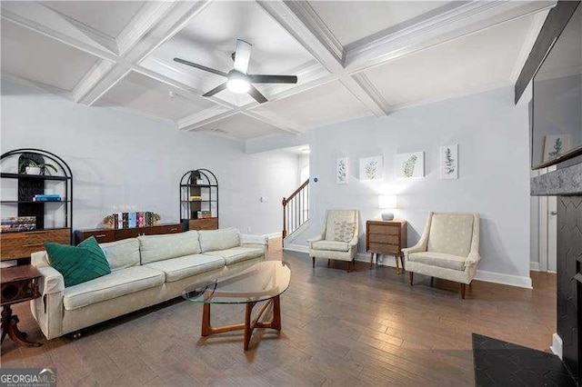 2069 Brightleaf Way Unit 123, Marietta, GA 30060 - living room featuring baseboards, wood finished floors, coffered ceiling, stairs, and beamed ceiling