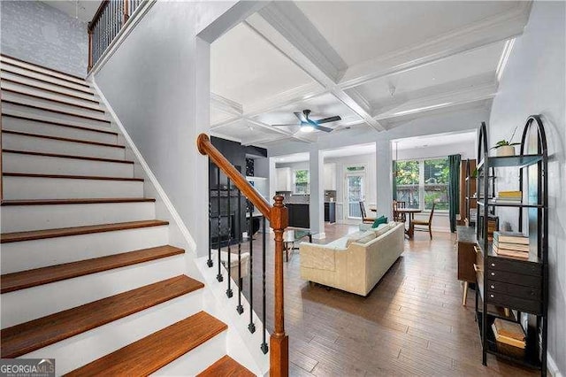 2069 Brightleaf Way Unit 123, Marietta, GA 30060 - living room with coffered ceiling, hardwood / wood-style floors, a ceiling fan, stairs, and beam ceiling