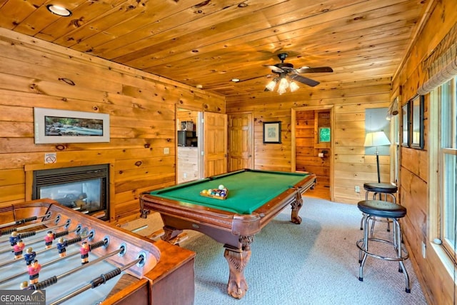 481 Georgianna Ln, Bryson City, NC 28713 - game room with carpet, wooden ceiling, pool table, wooden walls, and a glass covered fireplace