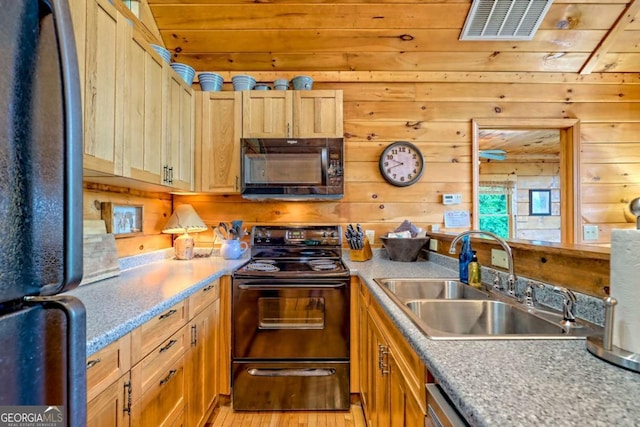 481 Georgianna Ln, Bryson City, NC 28713 - kitchen featuring black appliances, a sink, wooden walls, light countertops, and light wood-style floors