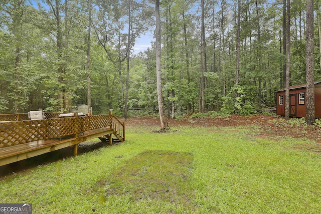 279 Brenna Ct, Luthersville, GA 30251 - view of green lawn featuring a deck and a wooded view