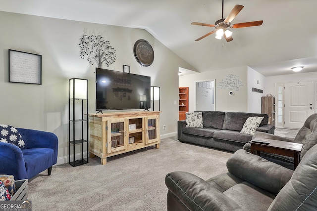 279 Brenna Ct, Luthersville, GA 30251 - carpeted living room featuring baseboards, a ceiling fan, and vaulted ceiling
