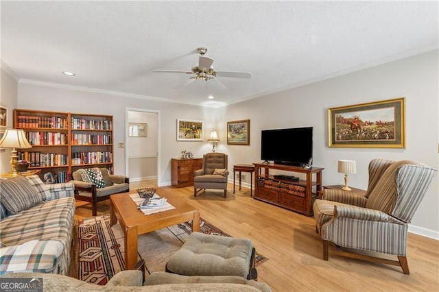440 Carybell Ln, Alpharetta, GA 30004 - living area featuring light wood-style floors, ceiling fan, ornamental molding, baseboards, and recessed lighting