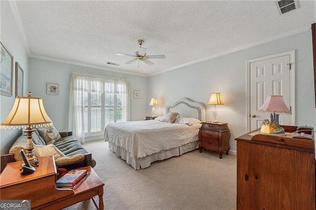 440 Carybell Ln, Alpharetta, GA 30004 - bedroom featuring ornamental molding, light carpet, a textured ceiling, and a ceiling fan
