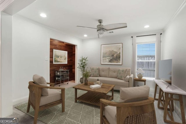 1245 Ladd St SW, Atlanta, GA 30310 - carpeted living area featuring a ceiling fan, recessed lighting, and crown molding