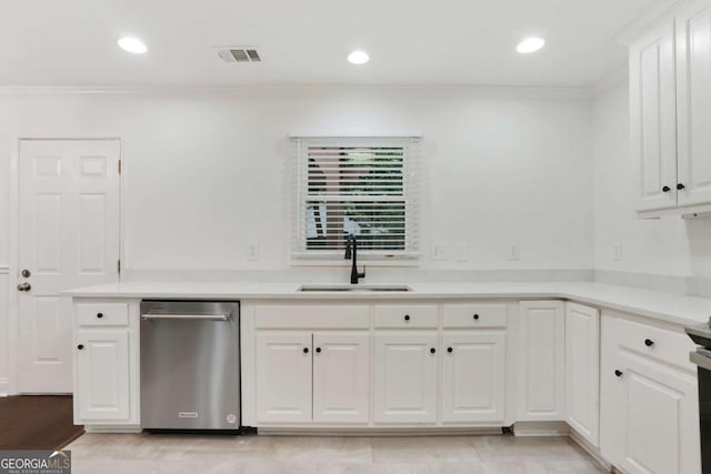 1245 Ladd St SW, Atlanta, GA 30310 - kitchen featuring dishwasher, ornamental molding, white cabinetry, light countertops, and recessed lighting