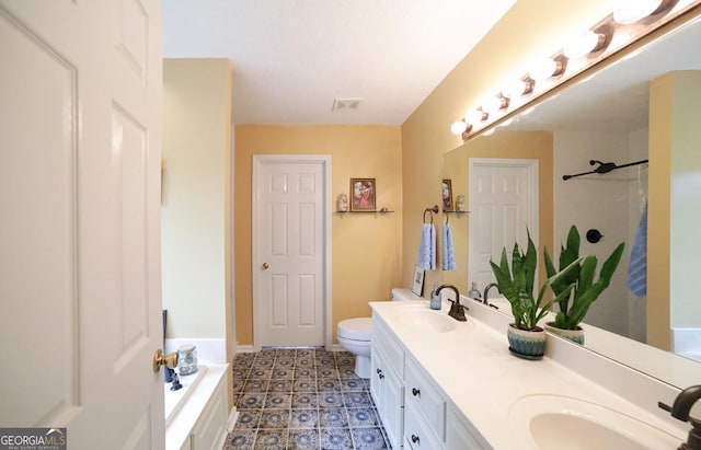 1010 Calls Creek Cir, Watkinsville, GA 30677 - bathroom with double vanity, a bath, toilet, a shower, and tile patterned floors