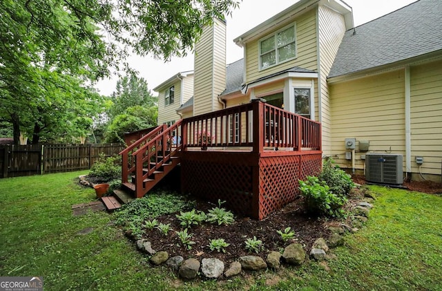 1010 Calls Creek Cir, Watkinsville, GA 30677 - back of house with central AC, a deck, a shingled roof, a chimney, and stairs