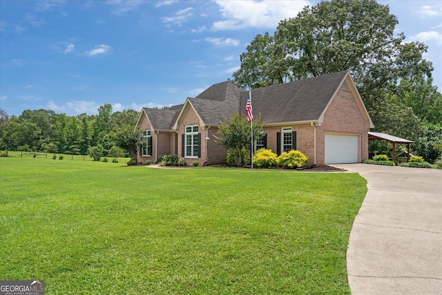 10 Wigwam Cir, Whitesburg, GA 30185 - view of front of property with brick siding, driveway, a front yard, a shingled roof, and an attached garage