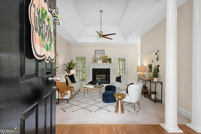 10 Wigwam Cir, Whitesburg, GA 30185 - living area featuring a raised ceiling, ornate columns, plenty of natural light, and wood finished floors