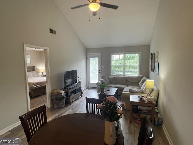 2165 Milledge Dr S Unit B6, Athens, GA 30605 - living room with high vaulted ceiling, ceiling fan, and wood finished floors