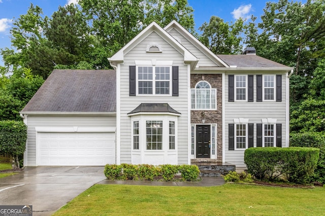 570 White Stag Ct, Suwanee, GA 30024 - view of front of house featuring a garage, driveway, a front lawn, a chimney, and stone siding