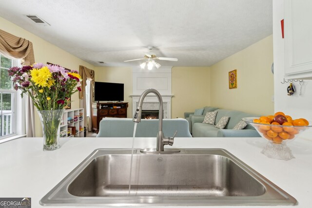 570 White Stag Ct, Suwanee, GA 30024 - kitchen featuring open floor plan, ceiling fan, light countertops, and a fireplace