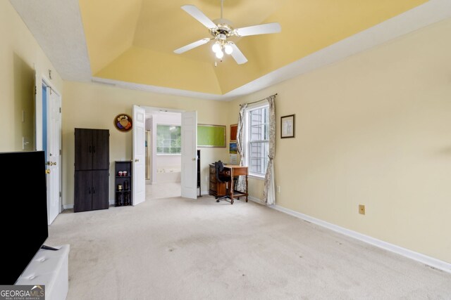 570 White Stag Ct, Suwanee, GA 30024 - office area featuring a raised ceiling, carpet flooring, and ceiling fan