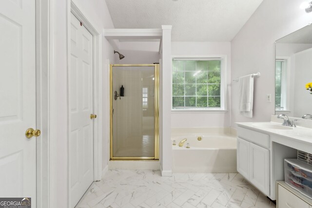 570 White Stag Ct, Suwanee, GA 30024 - bathroom with a shower stall, a bath, vanity, marble finish floors, and a textured ceiling