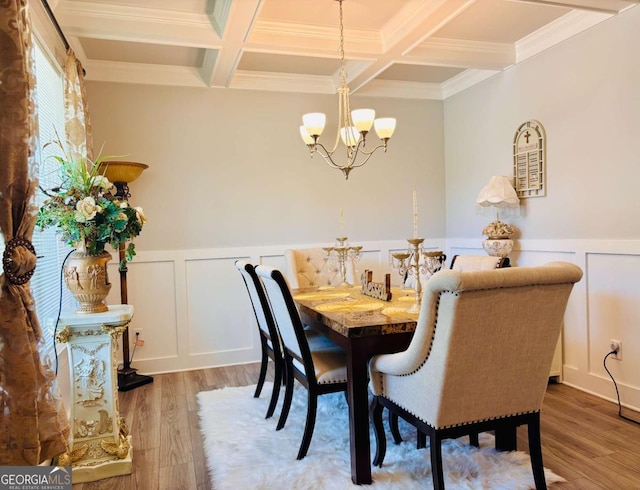 38 Lavender Ct, Dallas, GA 30132 - dining room featuring coffered ceiling, a chandelier, beam ceiling, wood finished floors, and ornamental molding