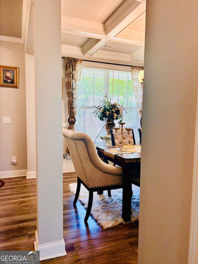 38 Lavender Ct, Dallas, GA 30132 - dining area featuring ornamental molding, wood finished floors, beamed ceiling, baseboards, and coffered ceiling