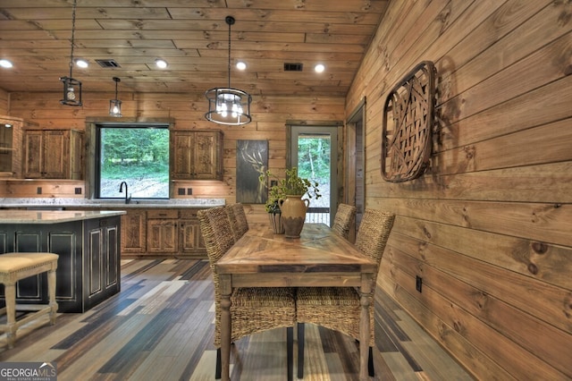 968 Hidden Valley Dr, Morganton, GA 30560 - dining area with healthy amount of natural light, dark wood-style flooring, wooden walls, wood ceiling, and recessed lighting