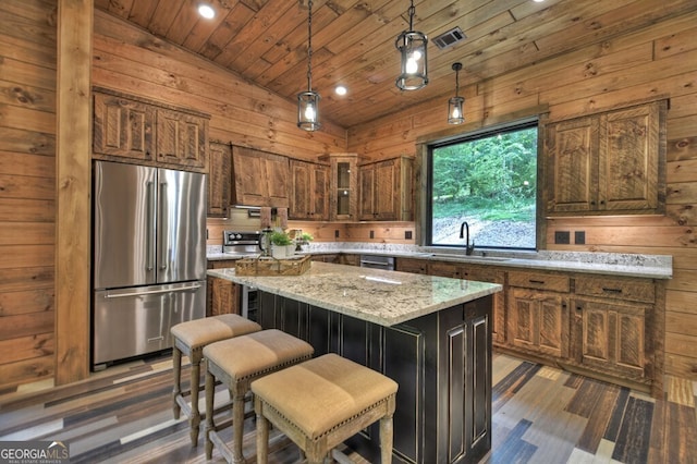 968 Hidden Valley Dr, Morganton, GA 30560 - kitchen featuring freestanding refrigerator, a sink, wood ceiling, vaulted ceiling, and dark wood-style flooring