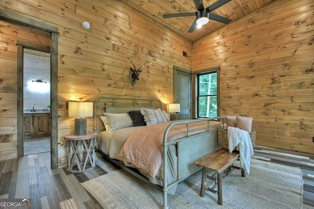 968 Hidden Valley Dr, Morganton, GA 30560 - bedroom featuring wood finished floors, wooden ceiling, wooden walls, a ceiling fan, and vaulted ceiling