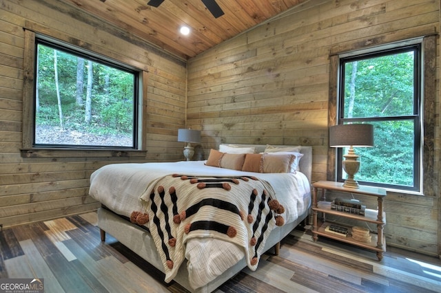 968 Hidden Valley Dr, Morganton, GA 30560 - bedroom featuring wooden walls, wood ceiling, wood finished floors, recessed lighting, and ceiling fan