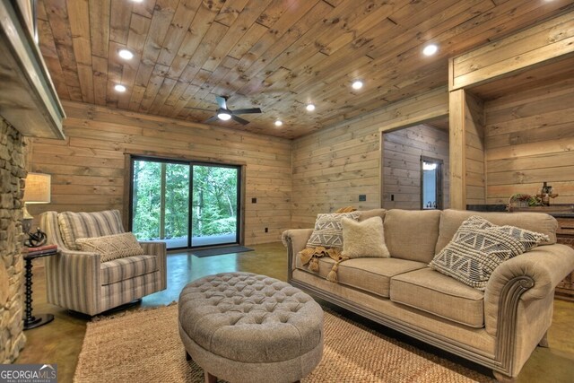 968 Hidden Valley Dr, Morganton, GA 30560 - living area featuring wooden ceiling, wood walls, recessed lighting, and a ceiling fan