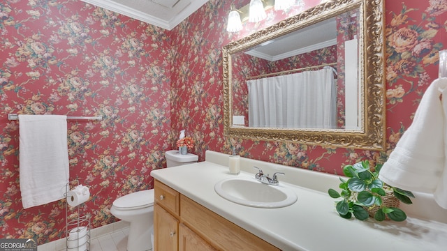 224 Rolling Oaks Dr, Rome, GA 30165 - bathroom with toilet, vanity, ornamental molding, tile patterned flooring, and baseboards