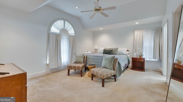 224 Rolling Oaks Dr, Rome, GA 30165 - bedroom featuring vaulted ceiling, light carpet, baseboards, recessed lighting, and a ceiling fan