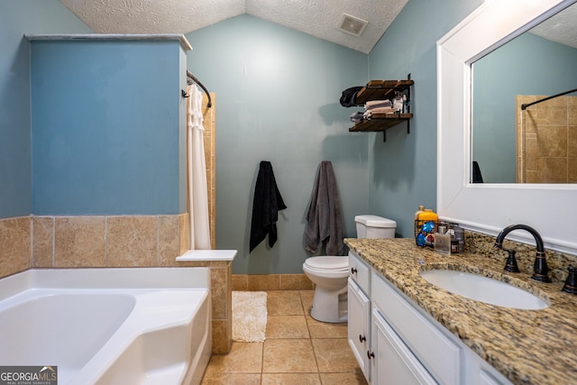 710 Newton Rd, Lagrange, GA 30240 - bathroom featuring a textured ceiling, a bath, vanity, vaulted ceiling, and a shower with curtain
