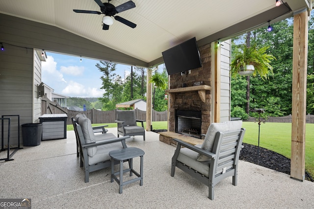 372 Cobblestone Trl, Dallas, GA 30157 - view of patio featuring an outdoor stone fireplace and ceiling fan