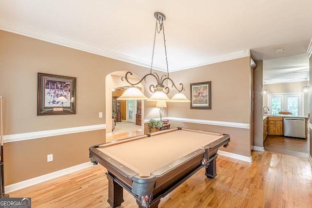 5767 Wembley Dr, Douglasville, GA 30135 - game room with arched walkways, pool table, light wood-style floors, and crown molding