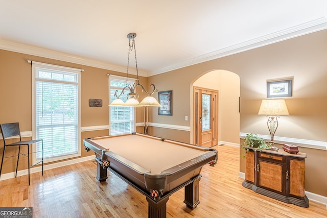 5767 Wembley Dr, Douglasville, GA 30135 - rec room featuring arched walkways, light wood-style floors, billiards table, and ornamental molding