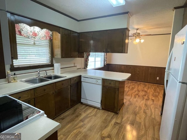 404 S Baker St, Glennville, GA 30427 - kitchen with white appliances, a peninsula, wainscoting, light countertops, and a ceiling fan