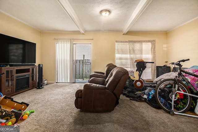 6433 Stone Ter, Morrow, GA 30260 - carpeted living room with beam ceiling and ornamental molding
