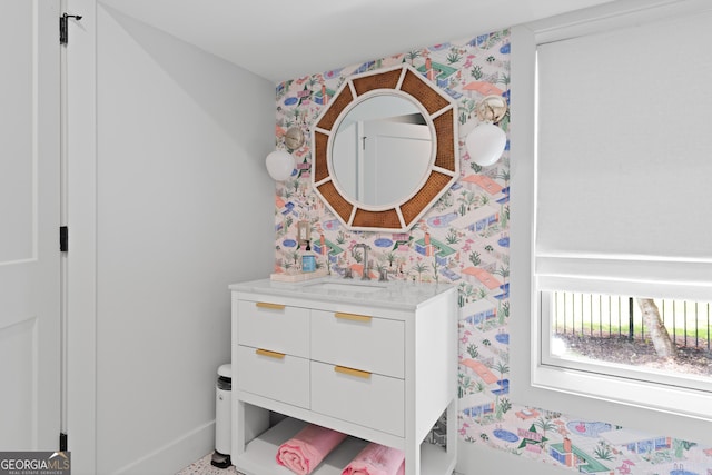 50 Frederica Oaks Ln, Saint Simons, GA 31522 - bathroom featuring vanity and wallpapered walls
