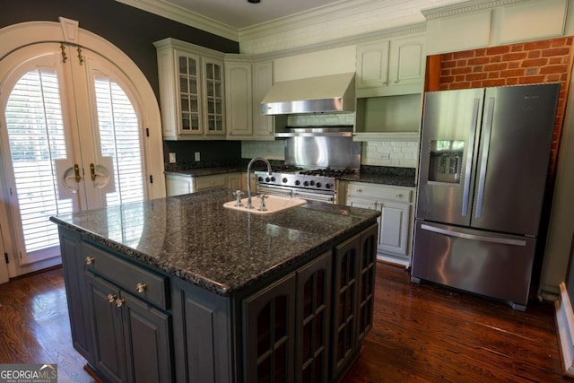 4790 Shallowford Rd, Roswell, GA 30075 - kitchen featuring appliances with stainless steel finishes, wall chimney exhaust hood, a sink, french doors, and crown molding