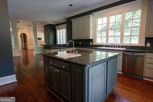 4790 Shallowford Rd, Roswell, GA 30075 - kitchen with stainless steel dishwasher, a sink, decorative columns, plenty of natural light, and ornamental molding