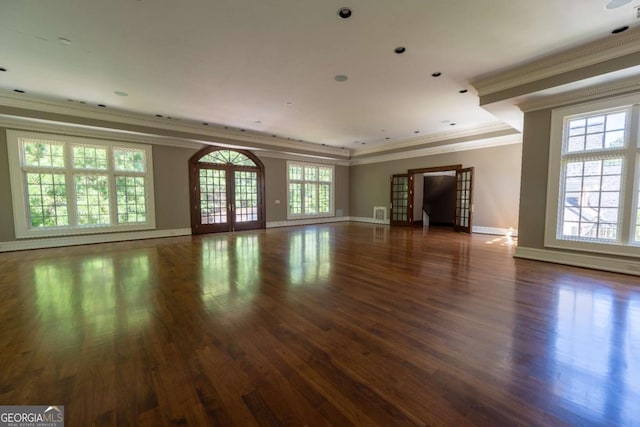 4790 Shallowford Rd, Roswell, GA 30075 - unfurnished living room with ornamental molding, wood finished floors, baseboards, and french doors