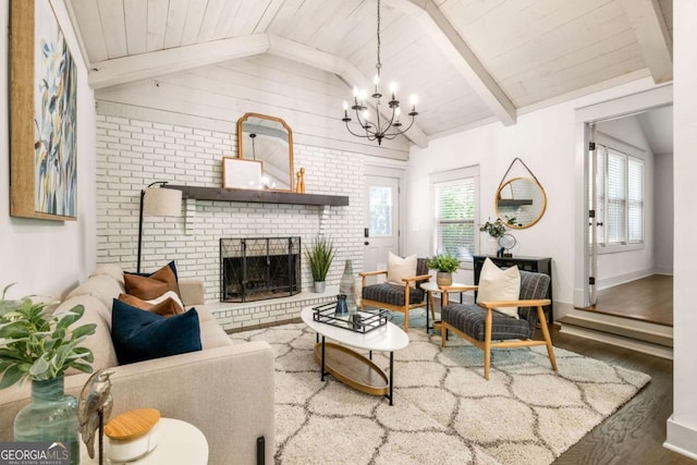 1002 Forrest Blvd, Decatur, GA 30030 - living area featuring a chandelier, healthy amount of natural light, a fireplace, wood finished floors, and wood ceiling