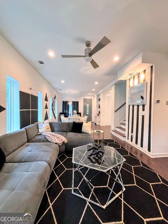 1463 Macklone St NE, Atlanta, GA 30307 - living room featuring ceiling fan, stairs, and recessed lighting
