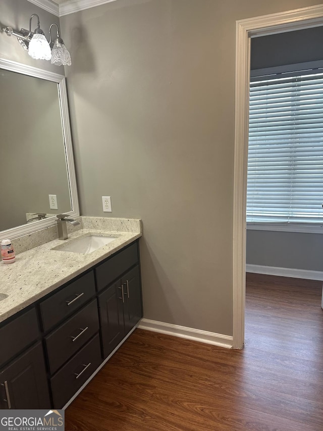80 Fields Creek Way, Covington, GA 30016 - bathroom with wood finished floors, double vanity, and crown molding