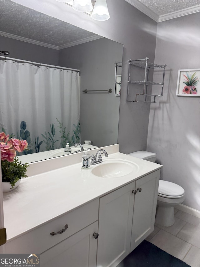 60 Buck Trl, Newnan, GA 30265 - full bath featuring toilet, vanity, a textured ceiling, and crown molding