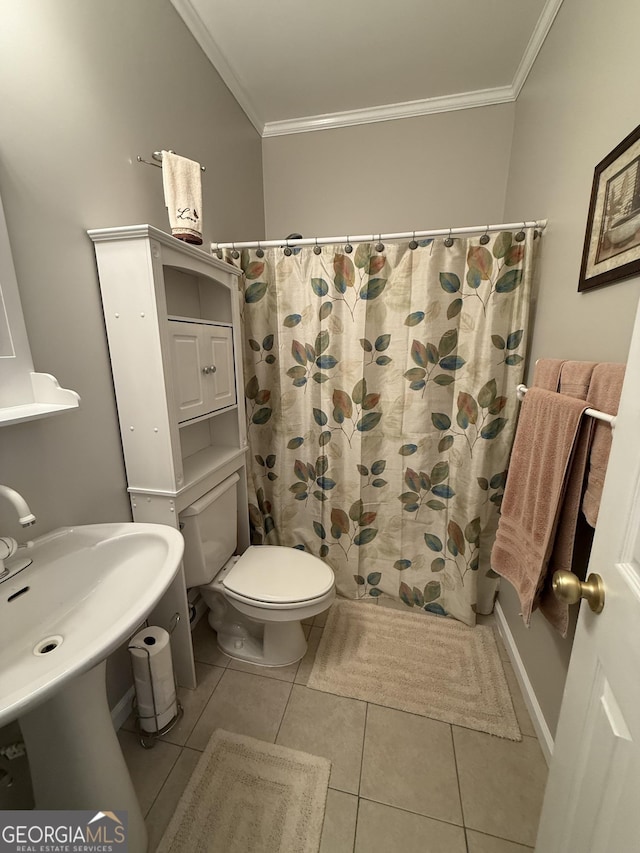 60 Buck Trl, Newnan, GA 30265 - bathroom with crown molding, tile patterned floors, toilet, curtained shower, and a sink