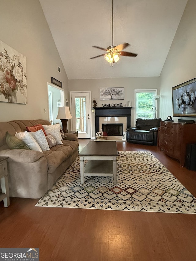 60 Buck Trl, Newnan, GA 30265 - living area with high vaulted ceiling, wood finished floors, a ceiling fan, and a glass covered fireplace